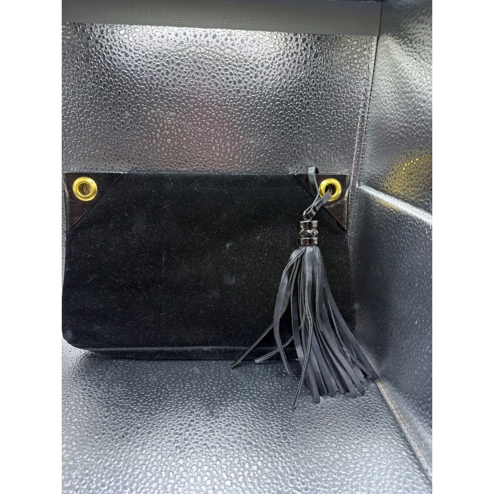 Vintage Black Velvet Clutch Bag Hot Pink Lining Tassel Evening Handbag